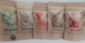 Mix and match: 5 x 50g Jerky selection including postage. Biodegradable/recyclable packaging