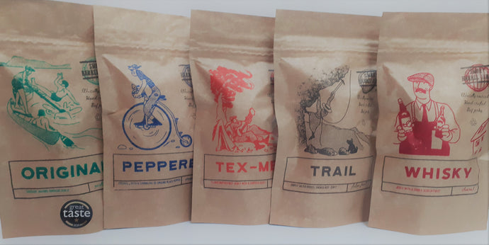 Mix and match: 5 x 50g Jerky selection including postage. Biodegradable/recyclable packaging